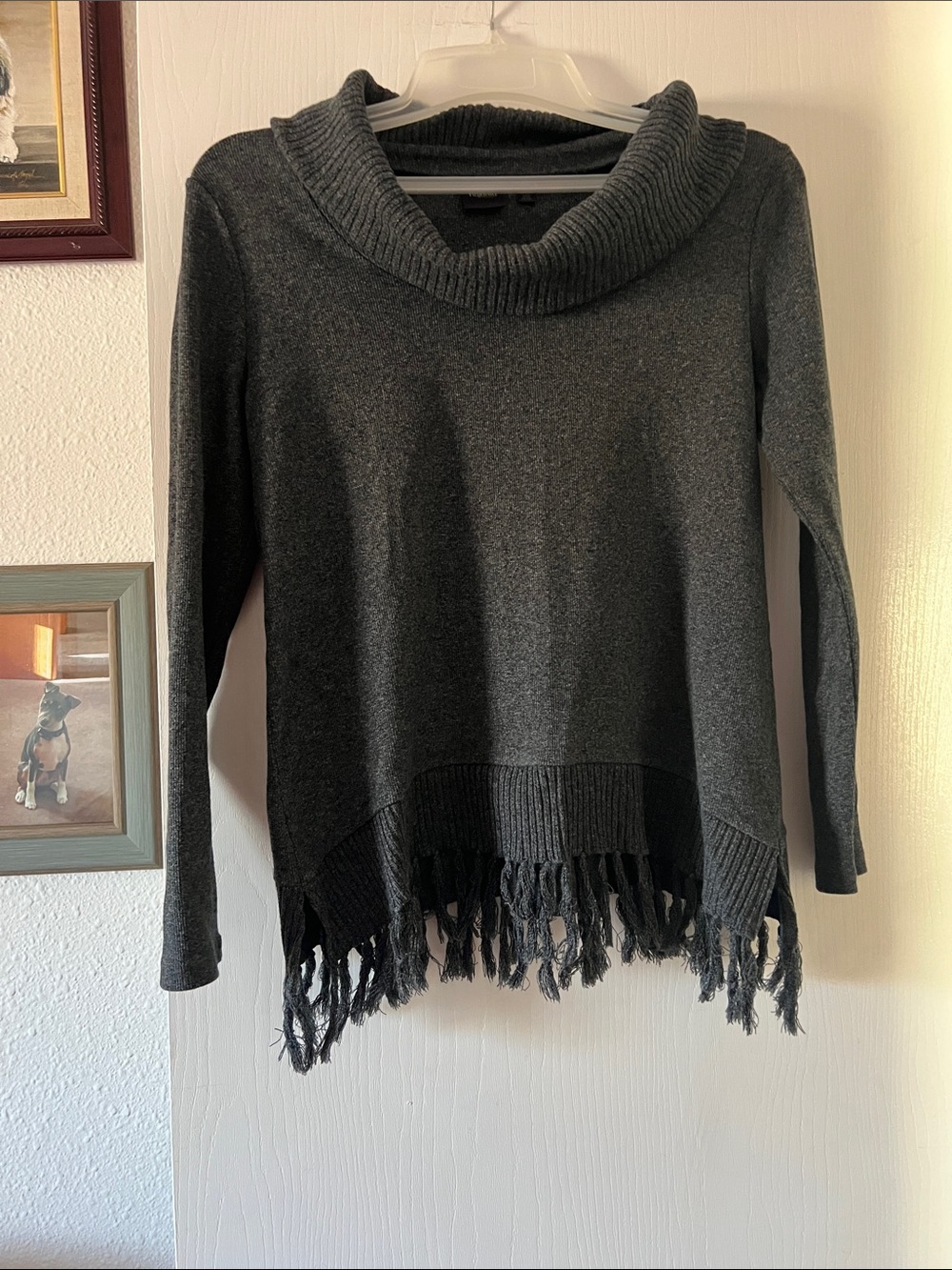 Rafaella Dark Charcoal Cowl Neck Fringe Sweater